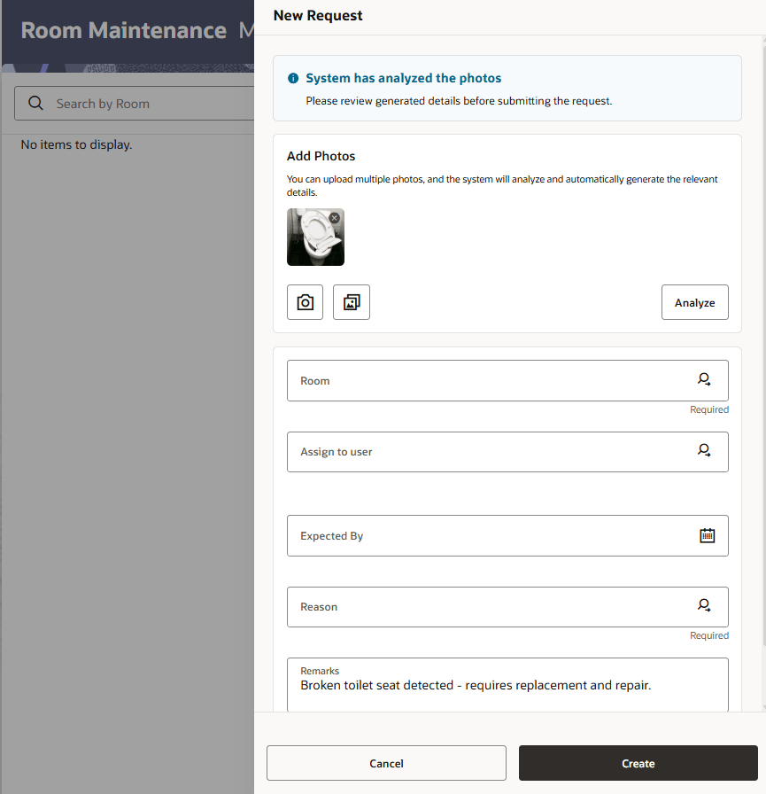 Room Maintenance Request photos analyzed.