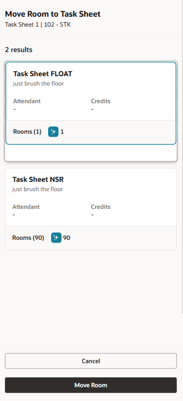 Task Companion Move Rooms Between Task Sheets screen.