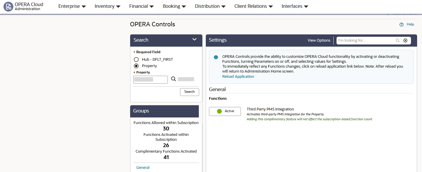 OPERA Cloud Central added with Third-Party PMS Integration capability screen.