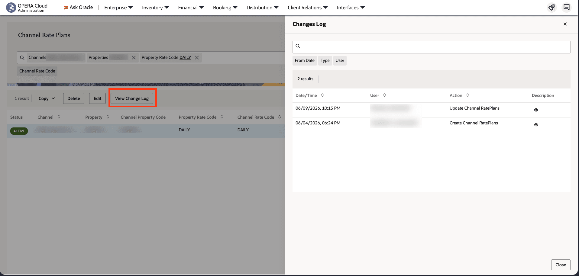 Changes Log Option Added to Channel Distribution screen.
