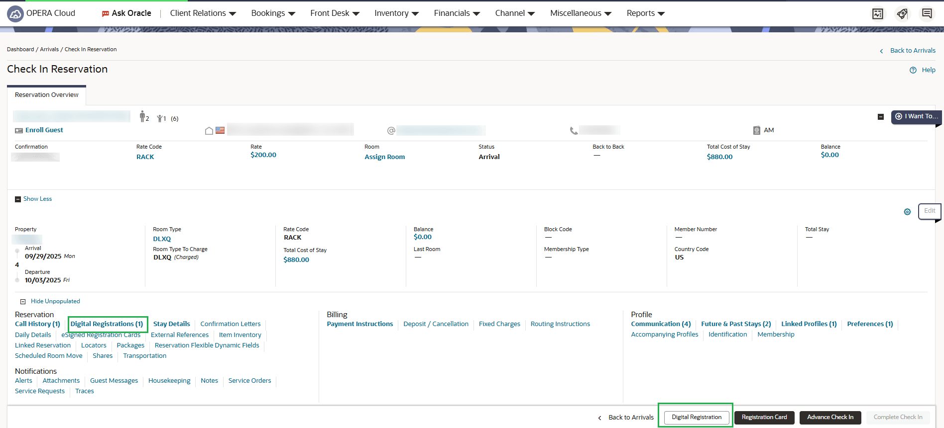 Check In Reservation screen showing Digital Registrations link and bottom button.