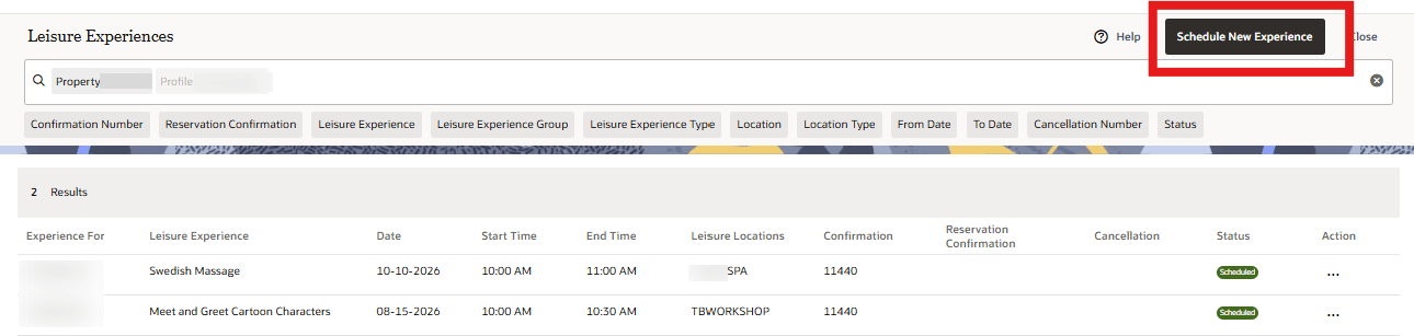 Leisure Management Functionality Added screen.