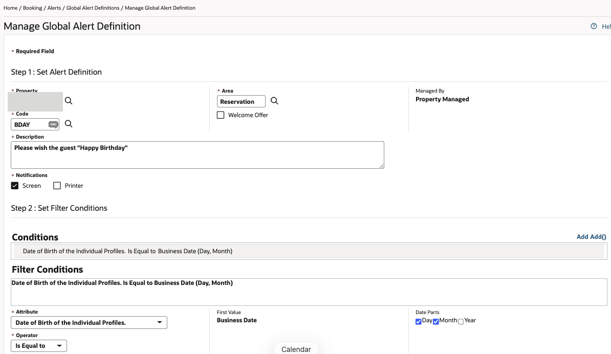 Global Alert Definitions - Date of Birth Filter Conditions screen.