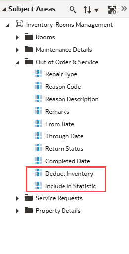 Inventory-Rooms Management subject area showing Deduct Inventory and Include in Statistic folders