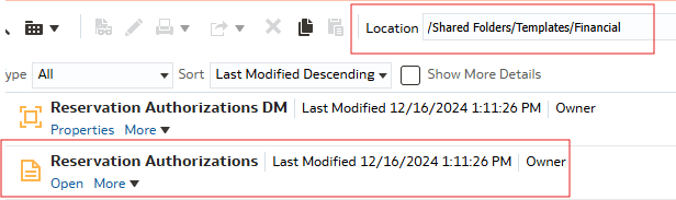 The report location /Shared Folders/Templates/Financial, and its line item Reservation Authorizations report with the Open and More options.