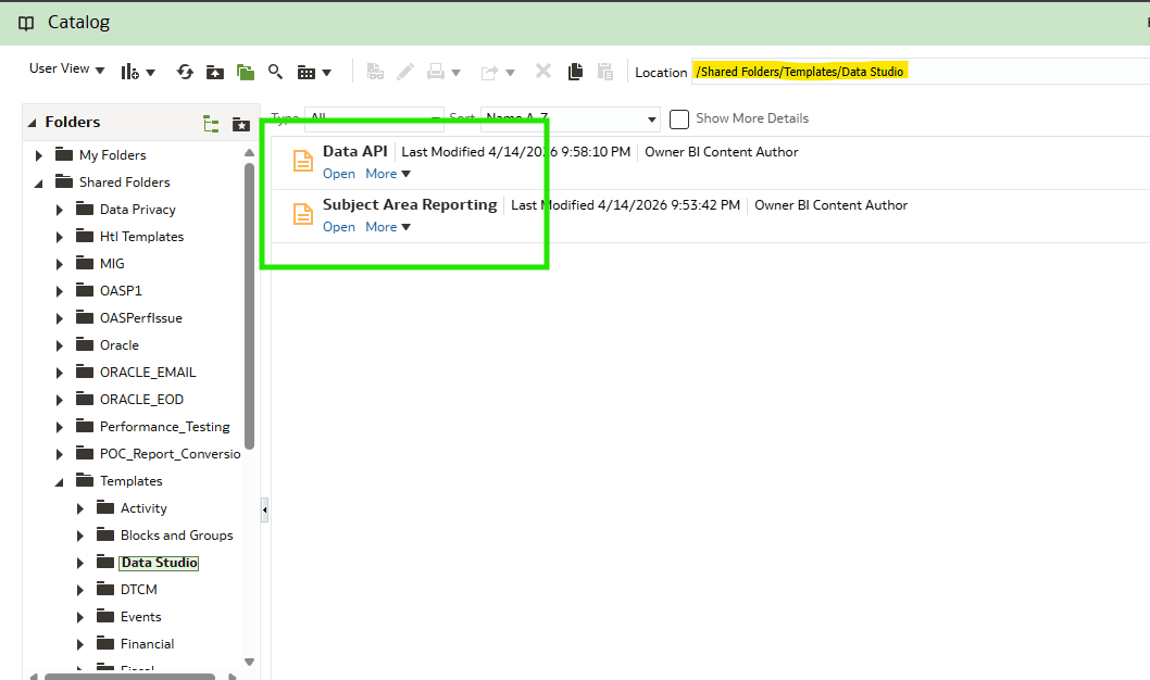 This image shows Subject Area Reporting