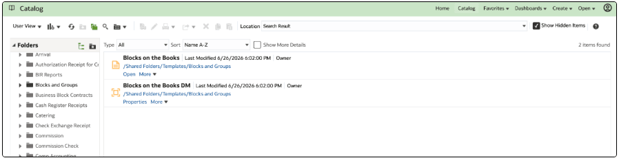 This image shows reports created under Blocks and Groups folder