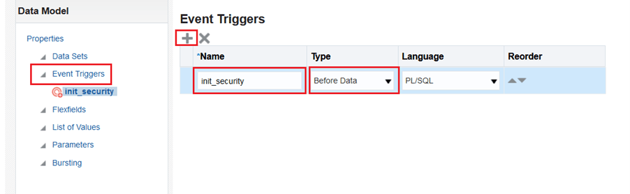 This image highlights the Event Triggers dropdown, add new button, Name entry text box, and Type dropdown in the data models screen.
