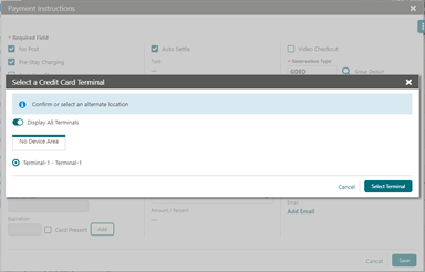 This image shows how to select a credit card terminal from the payment instructions window