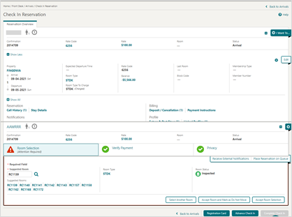 This image shows the room selection and verify payment option in the check in reservation screen