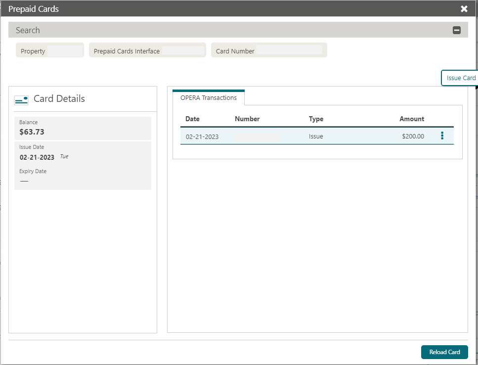 This image shows OPERA Transactions for Prepaid cards screen