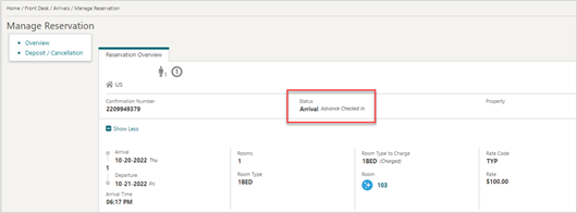 This image shows Advanced Checked In status for the reservation