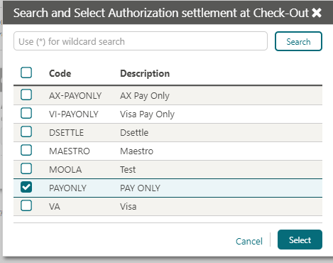 This image shows the Search and select the authorization settlement at Check-Out screen