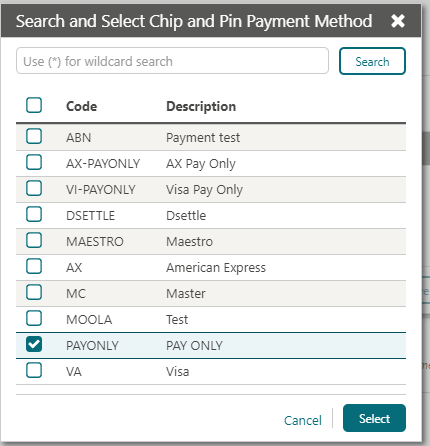 This image shows the Search and select Chip and Pin Payment Method screen