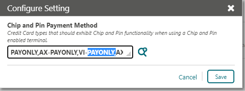This image shows the Search and select Chip and Pin Payment Method configure setting