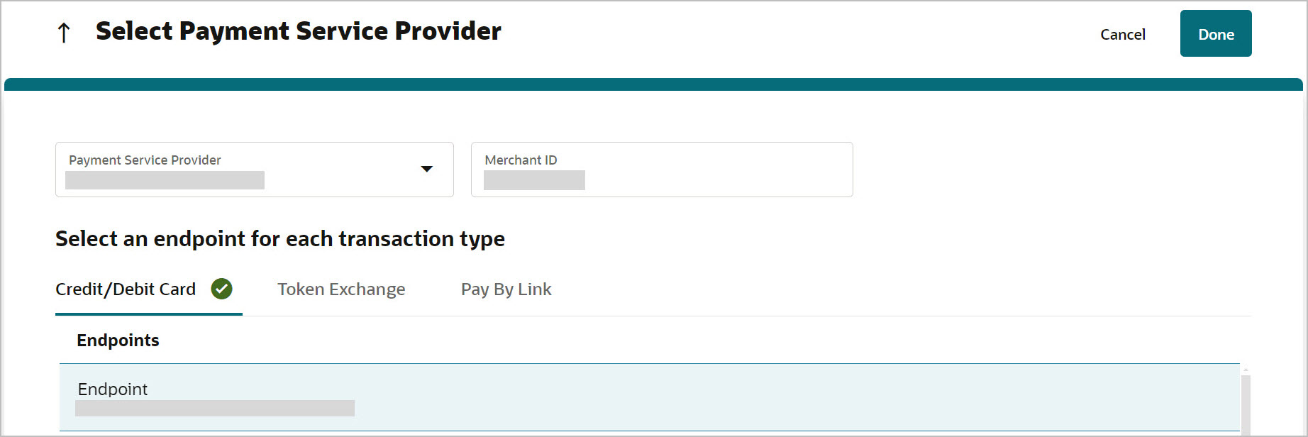 This image shows selecting the Payment Service Provider without Custom Headers