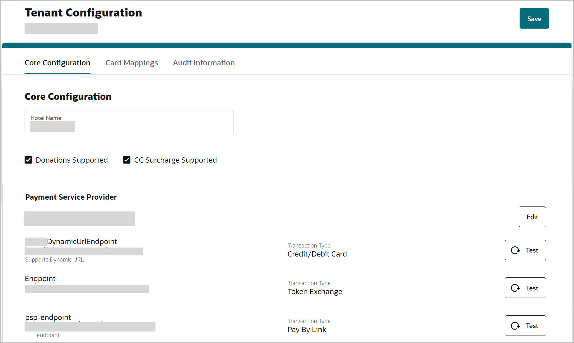 This image shows Tenant Core Configuration screen appears with mapped PSP endpoints.