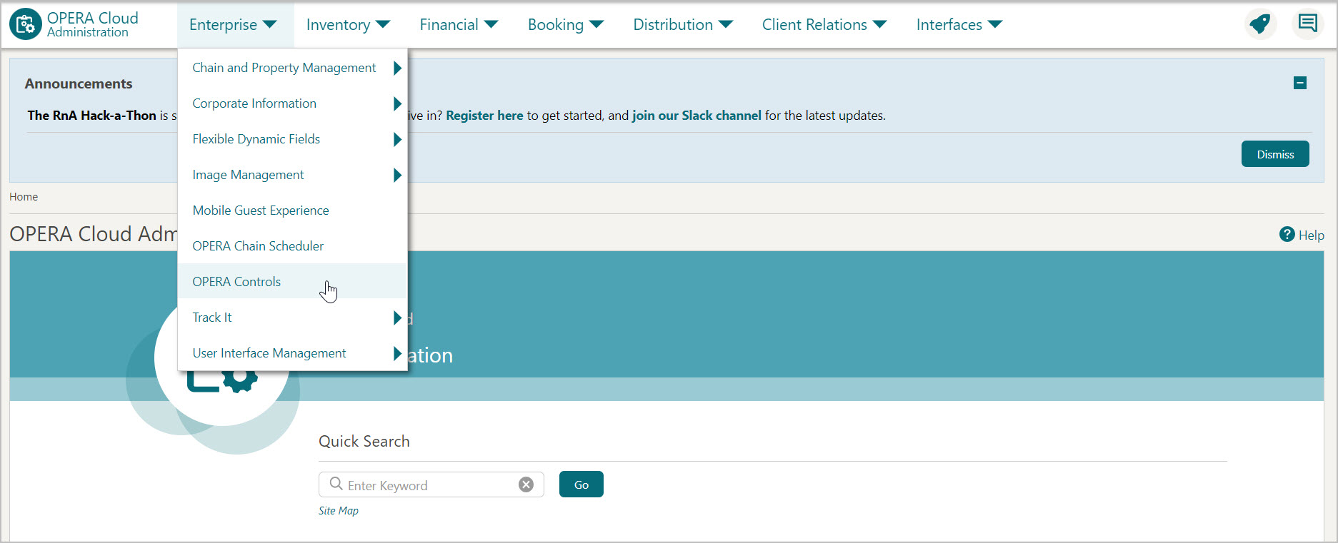 This image shows OPERA Controls navigation screen