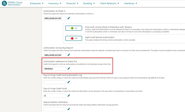 This image shows the Payonly added to the authorization settlement at Check-Out setting