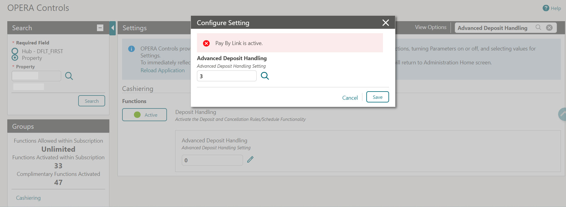 This image shows Advanced deposit handling control error