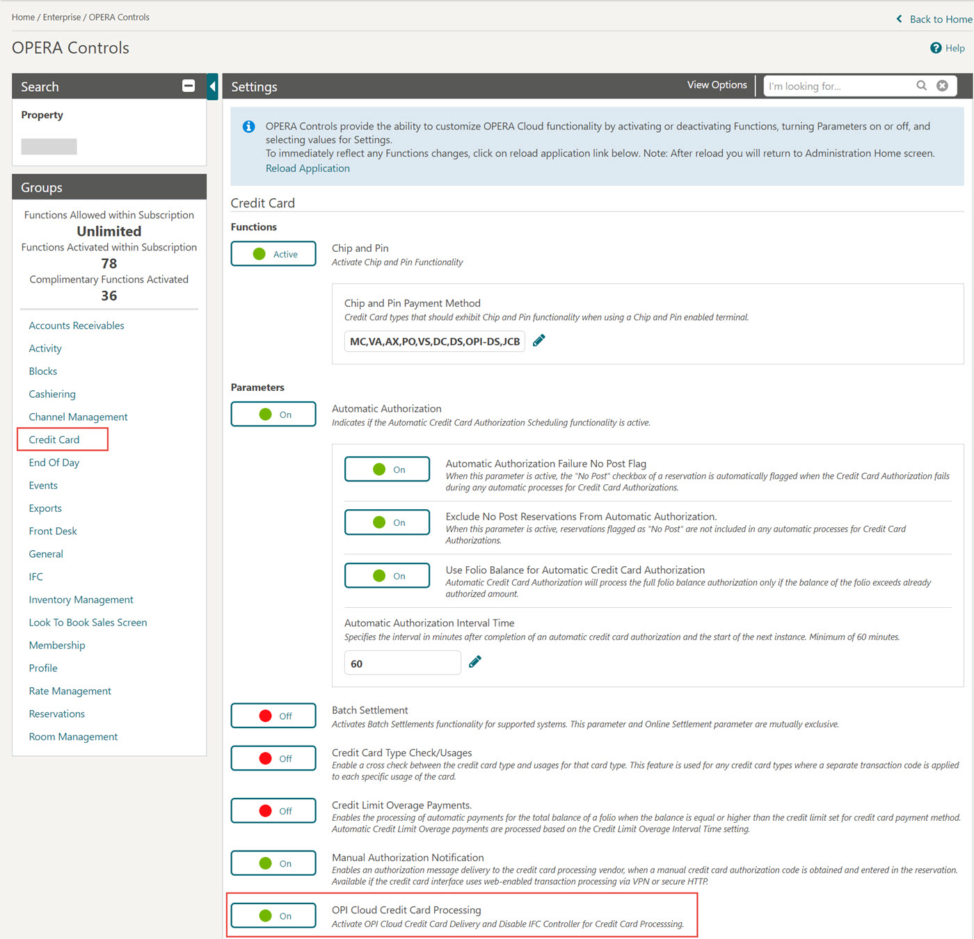 This image shows how to turn ON OPI Cloud Credit Card Processing parameter