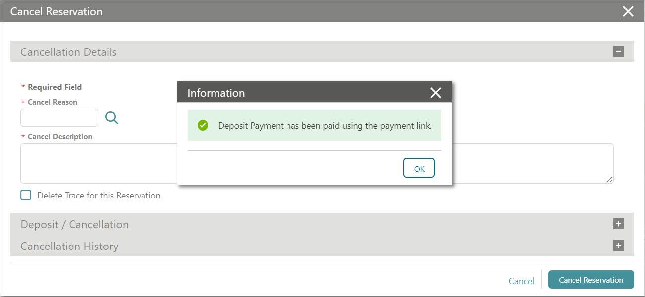 This image shows the payment status check for Cancel Reservation