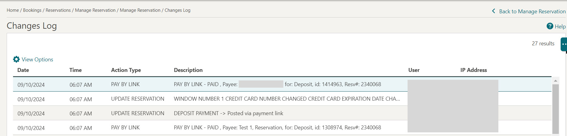 This image shows changes log records for cancel reservation