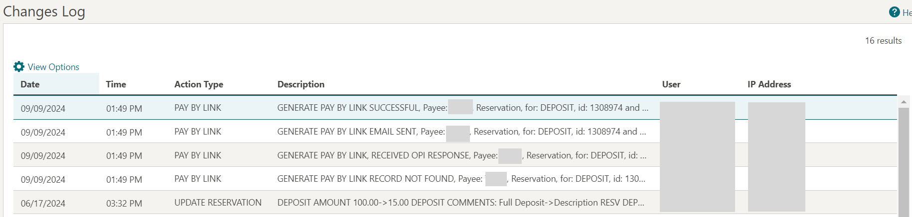 This image shows changes log records for reservation