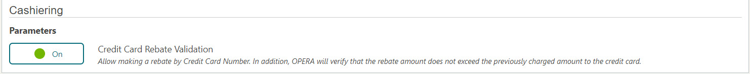 This image shows Credit card rebate validation OPERA control