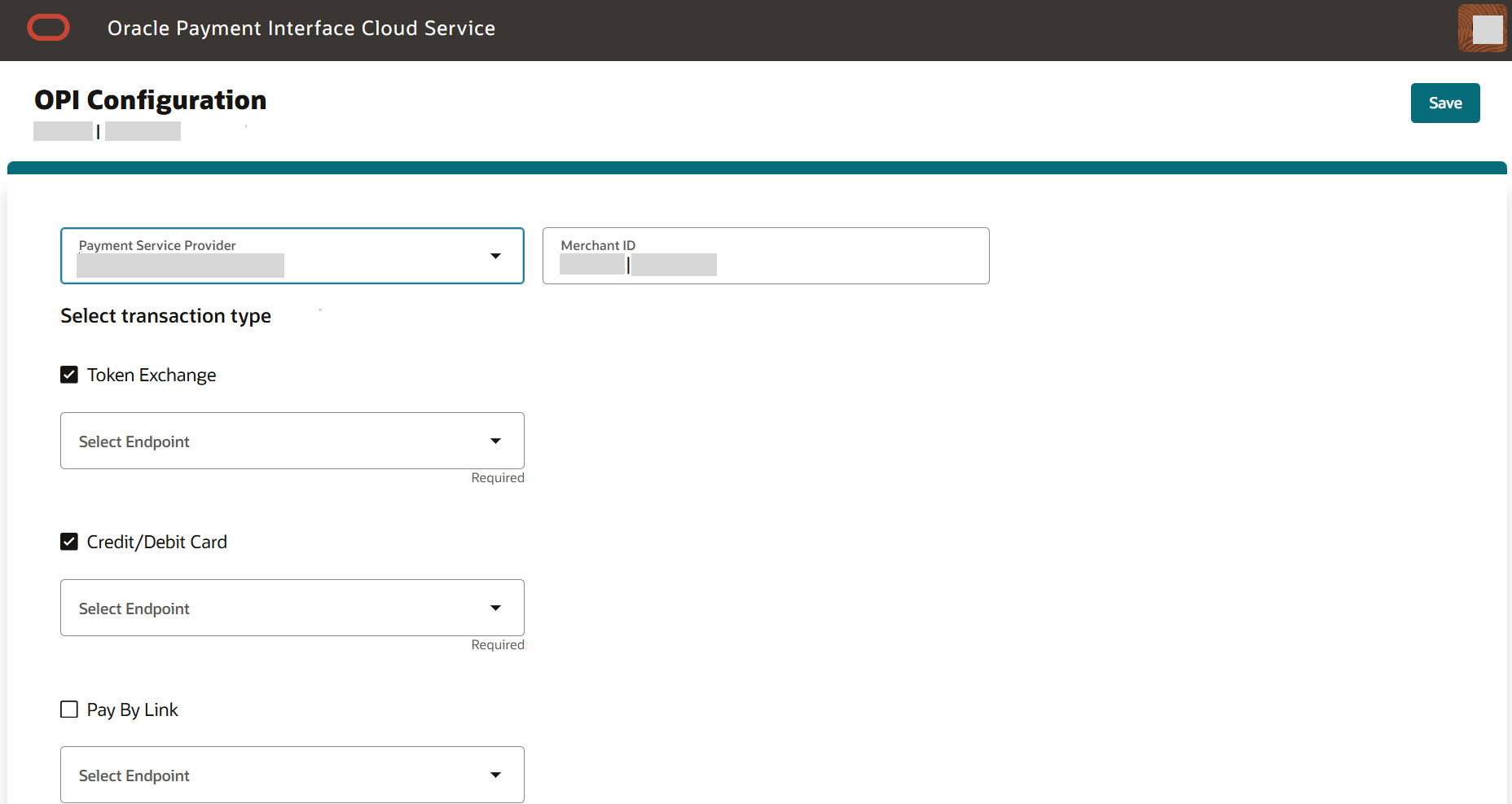 The OPI Configuration page appears with the PSP and transaction types