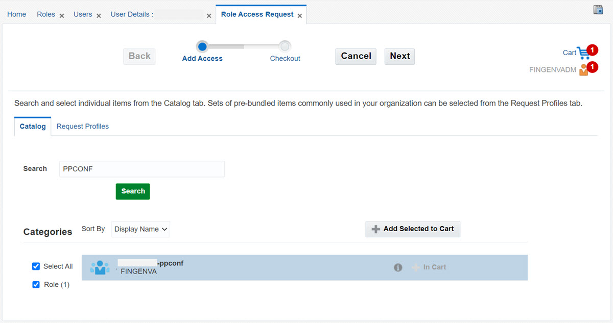 This image shows the selected role catalog item is added to the request cart.