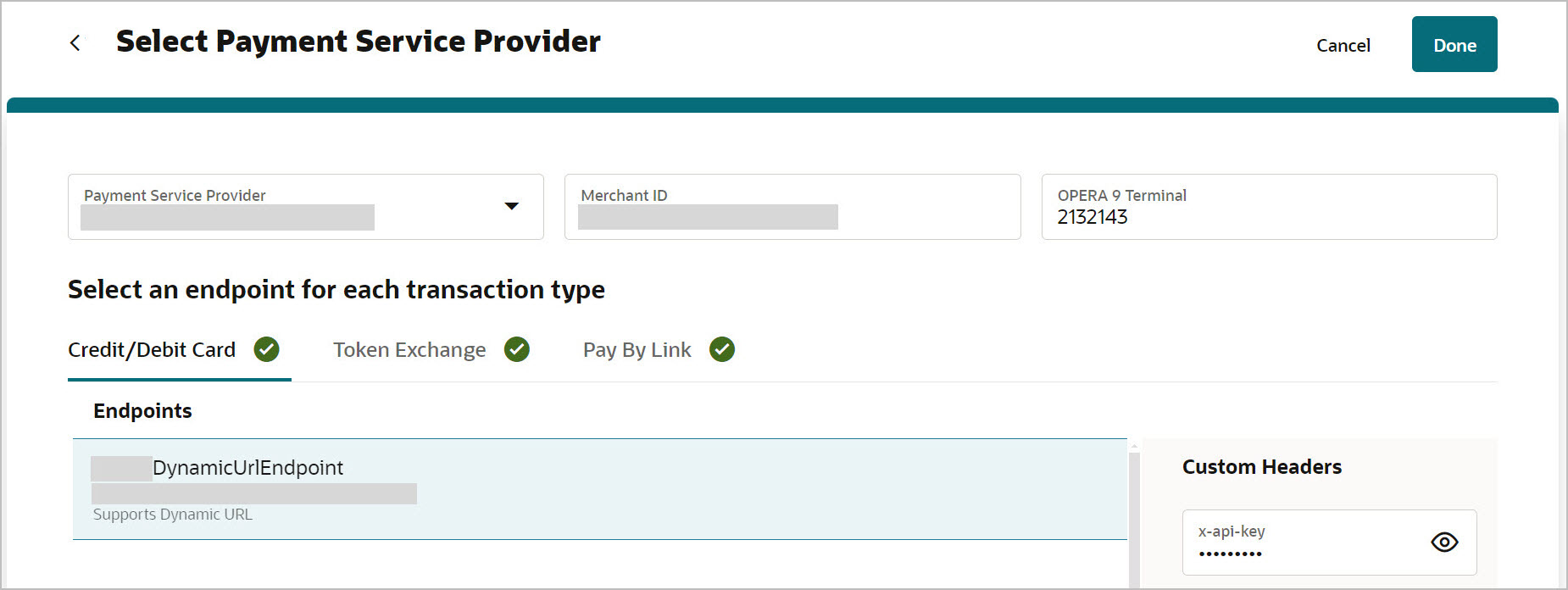 This image shows selecting an endpoint for Credit Card, Token exchange, or Pay by Link transaction type with Custom Headers