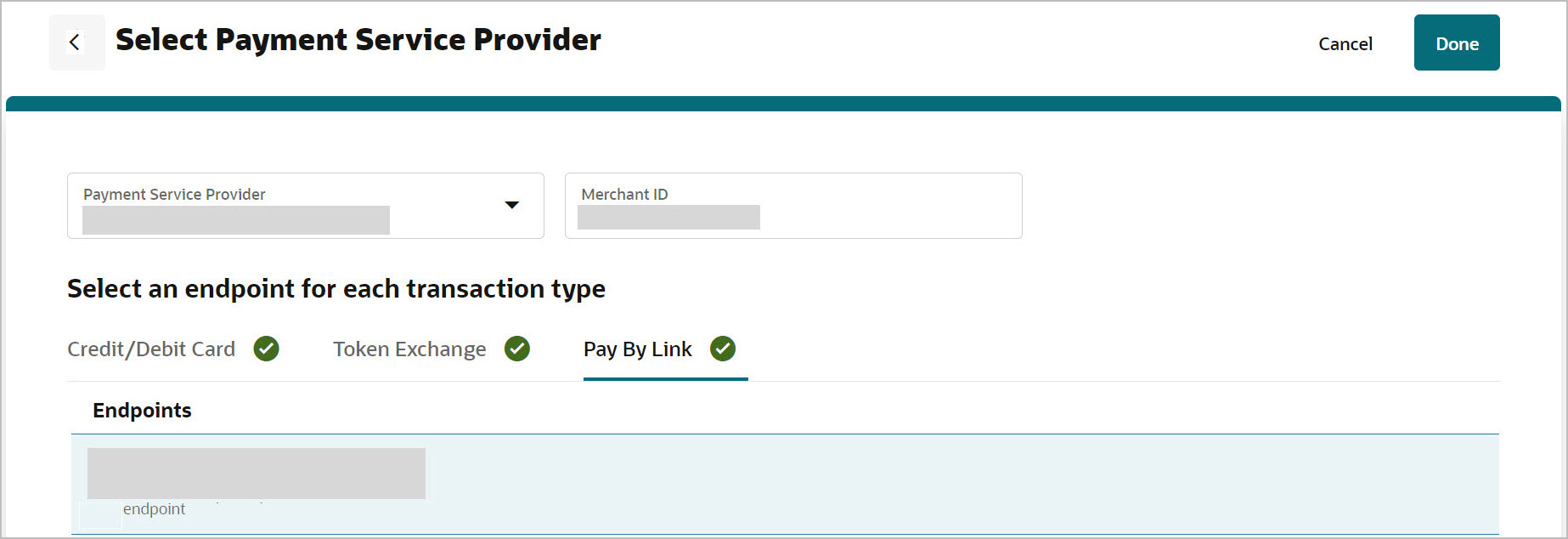 This image shows selecting an endpoint for Credit Card, Token exchange, or Pay by Link transaction type