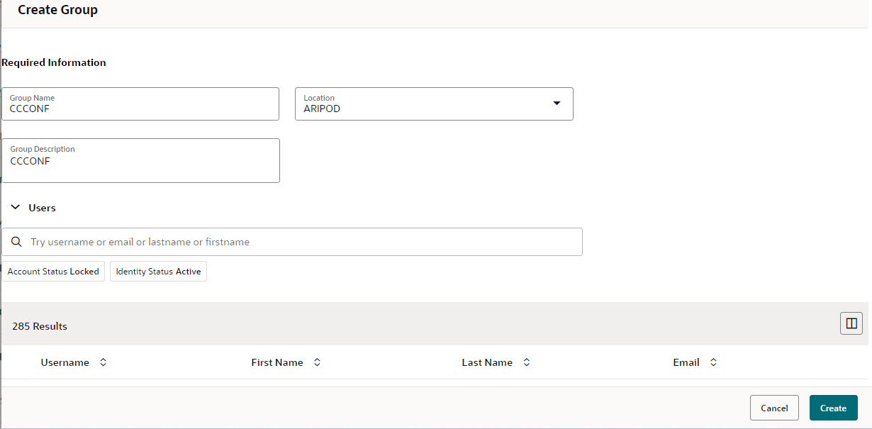 This image shows Create Group screen