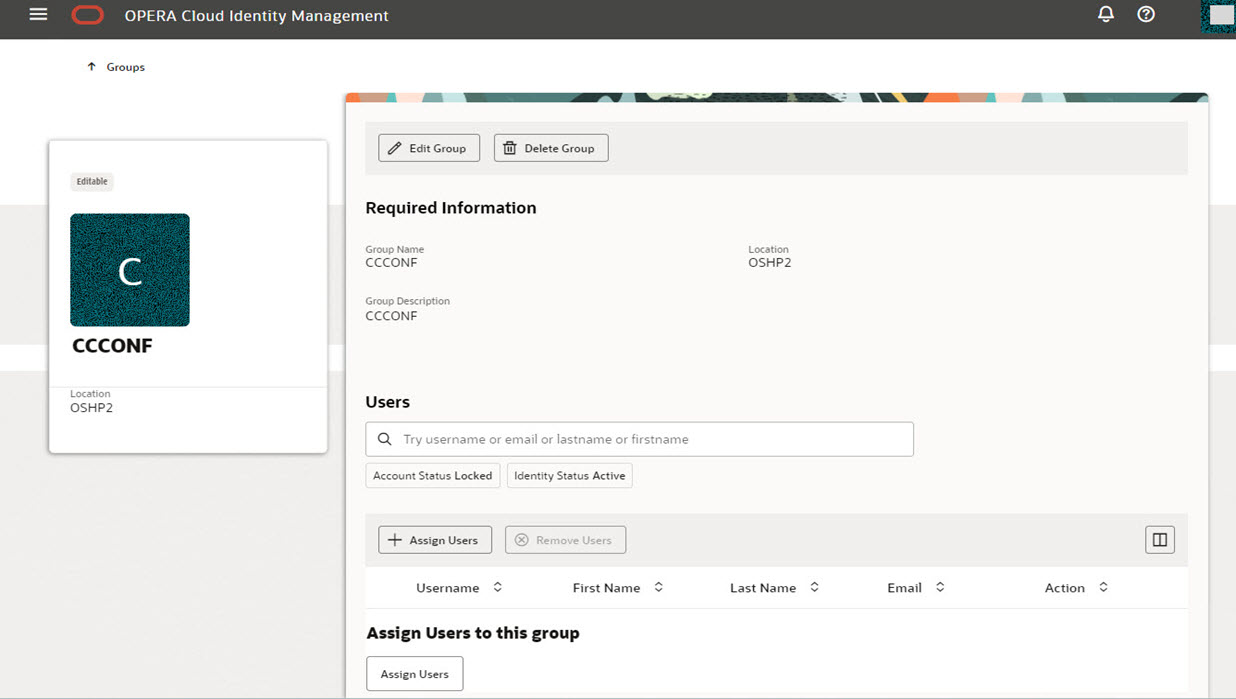The group profile screen to assign users to the group