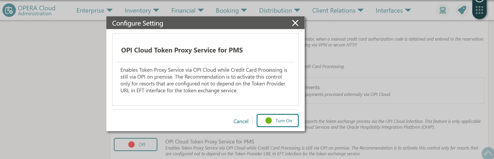 This image shows how to turn on Token Proxy Service for PMS parameter