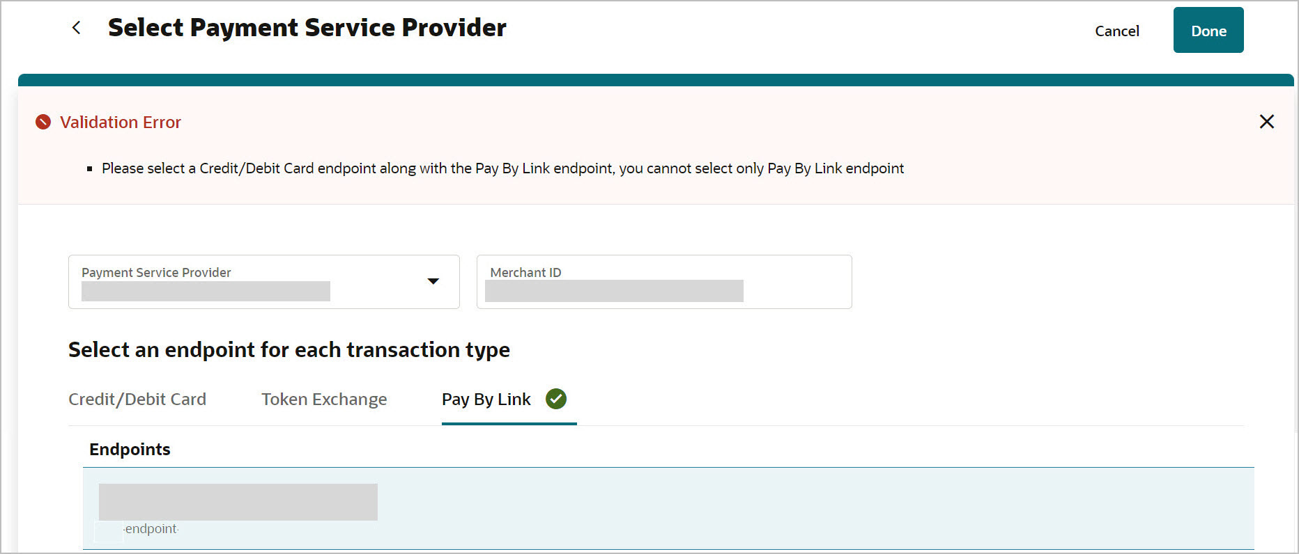 This image shows the Validation error screen