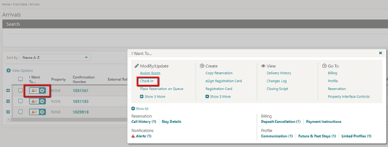 This image shows the check in option in the I want to menu This image shows the check in option in the I want to menu