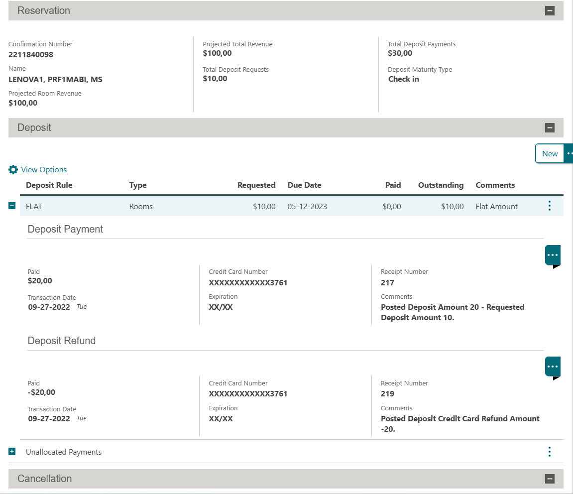 This image shows the Deposit credit card refund amount is processed.