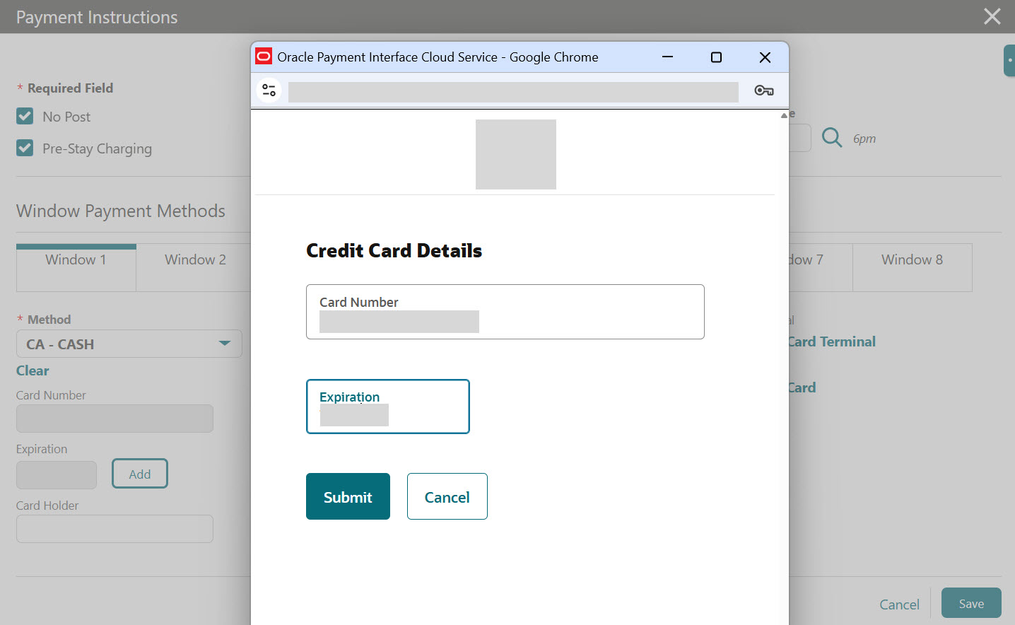 This image shows the OPI Cloud Service credit card manual entry screen