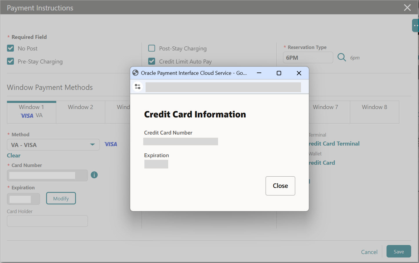 This image shows the OPI Cloud popup window to view credit card details.