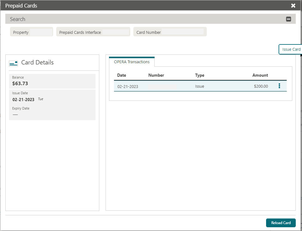 This image shows OPERA Transactions for Prepaid cards screen This image shows OPERA Transactions for Prepaid cards screen
