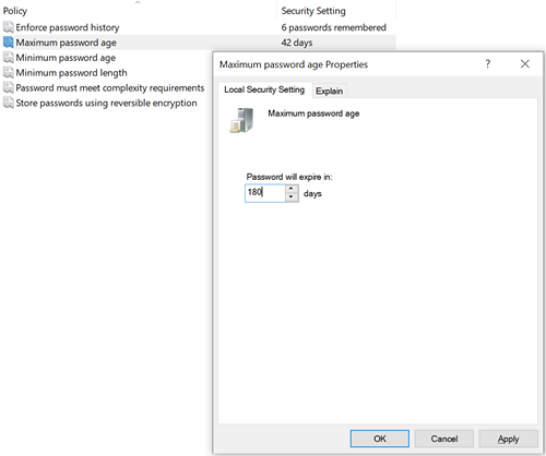 This image shows maximum password age properties. This image shows maximum password age properties.