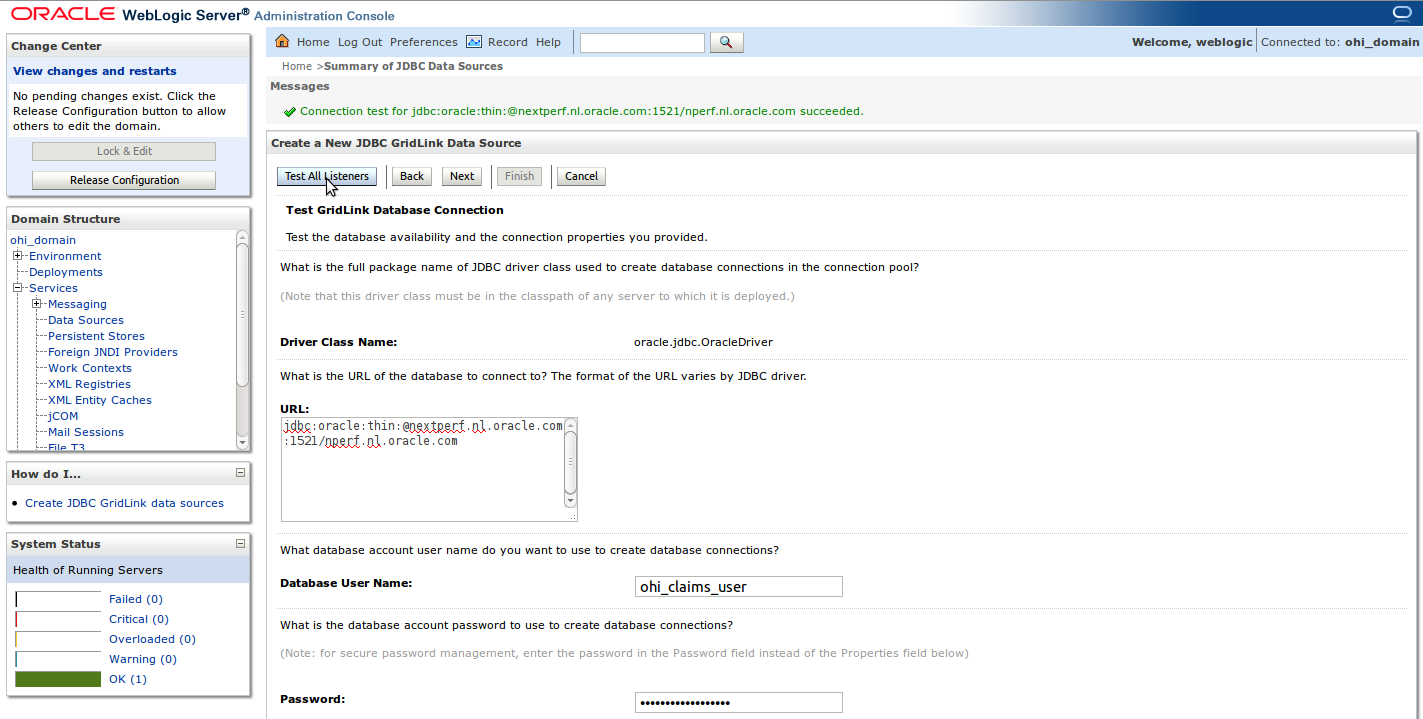 test grid link database connection