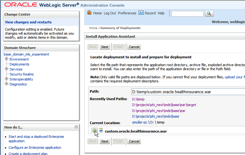 locate deployment to install custom oracle healthinsurance