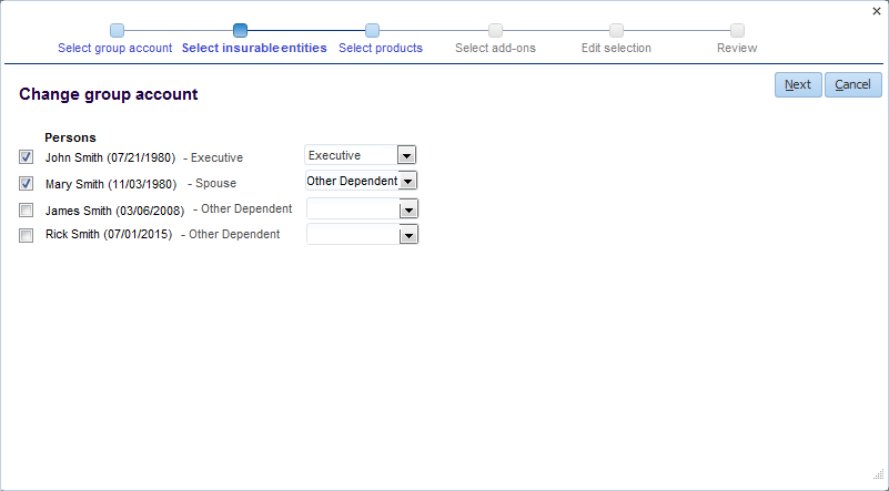 Change group account - Select insurable entities