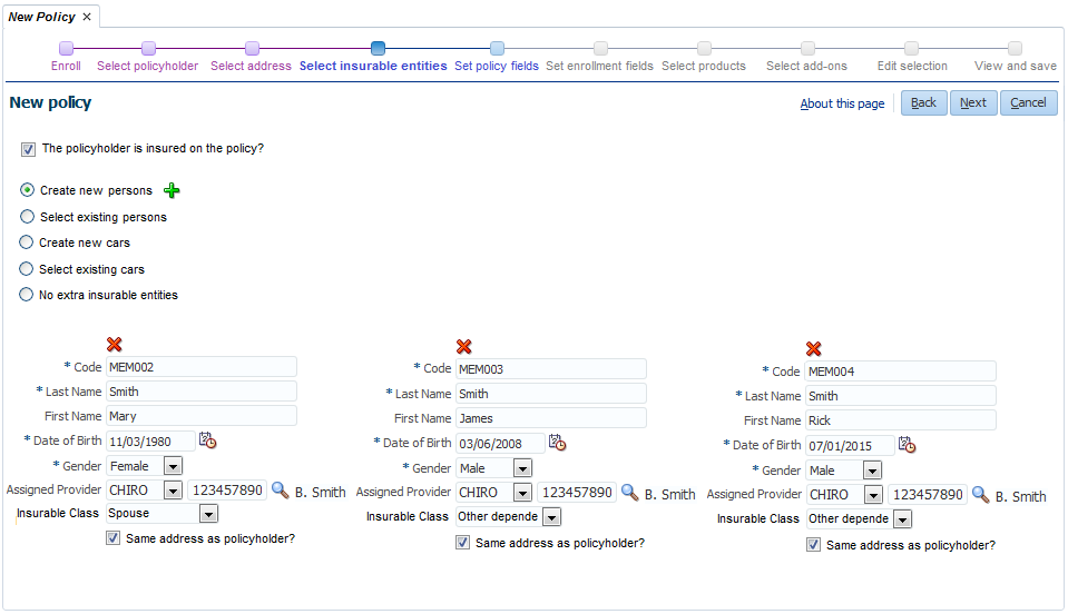 New policy - Select persons - New persons