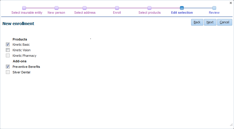 New enrollment - Edit selection