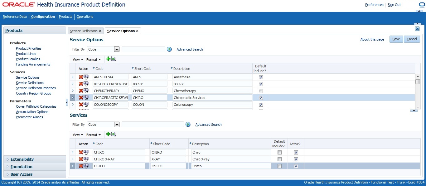 Setup Service Options main