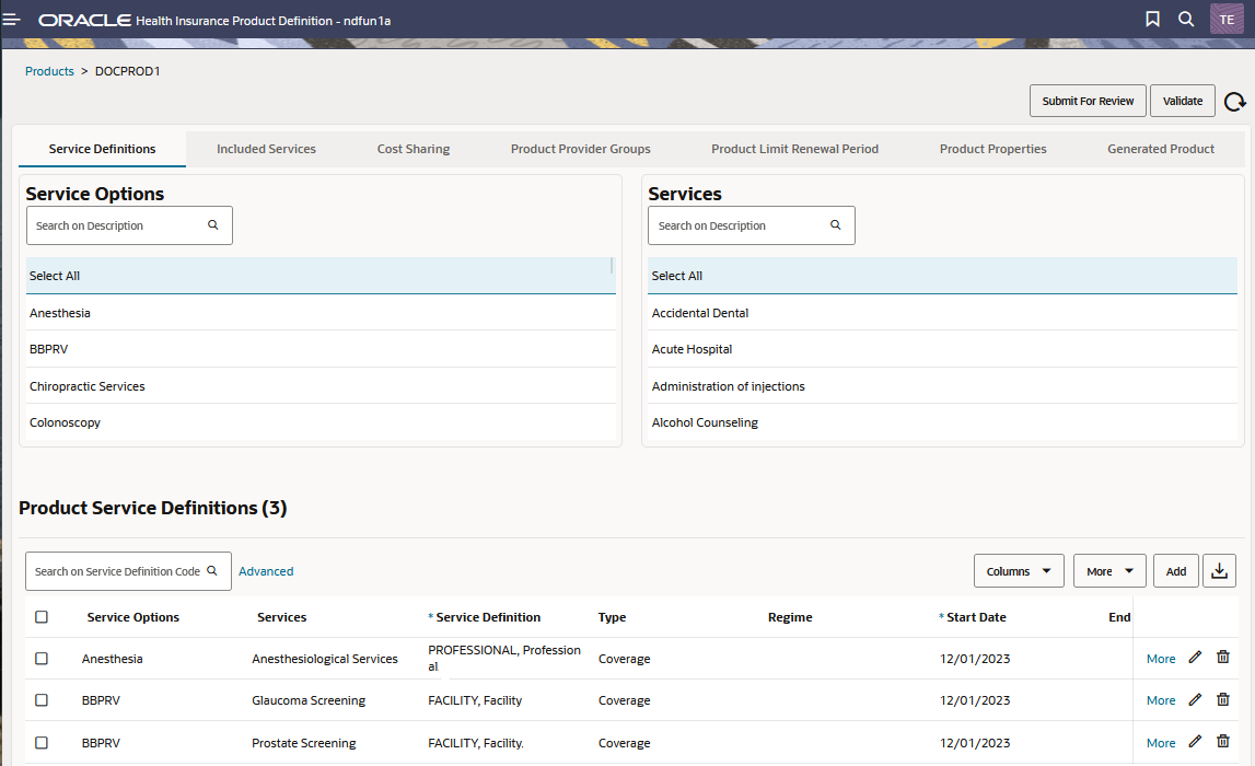 All Service Options, Services and Service Definitions